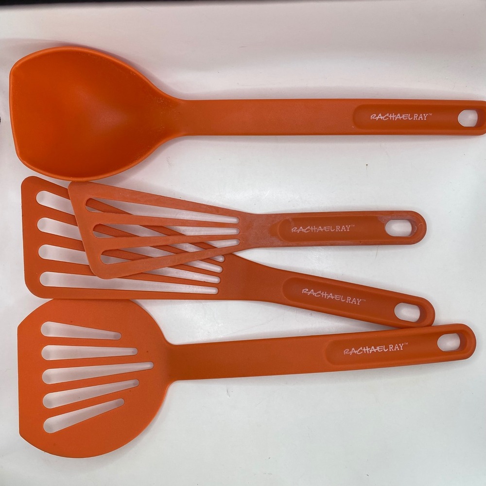 Rachael Ray 4 Piece Kitchen Utensil Set Orange Nylon Spatula Ladle Turner Tools